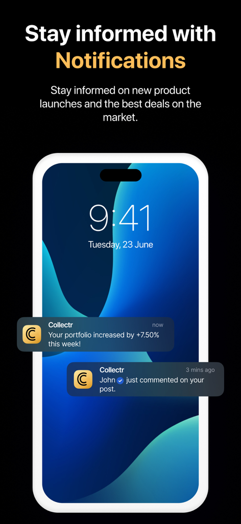 Collectr - TCG Collector App - iPhone screen displaying Collectr app push notifications for portfolio value updates and social comments