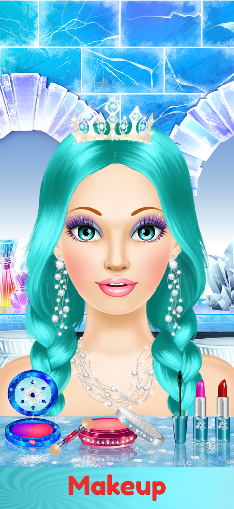 Dress Up & Makeup Girl Games - Un personaje de reina de hielo con cabello turquesa y una tiara en el nivel de maquillaje de un juego para niñas