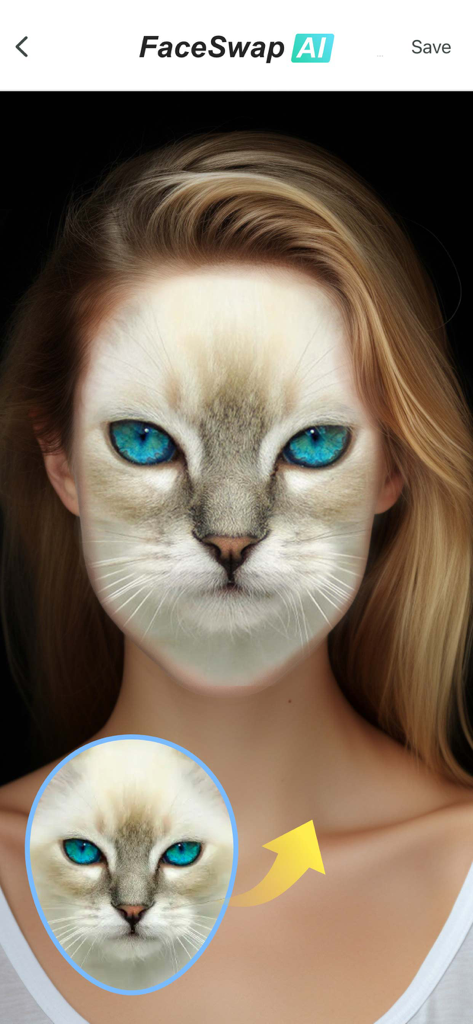 Función AI FaceSwap fusionando el rostro de un gato en un retrato humano