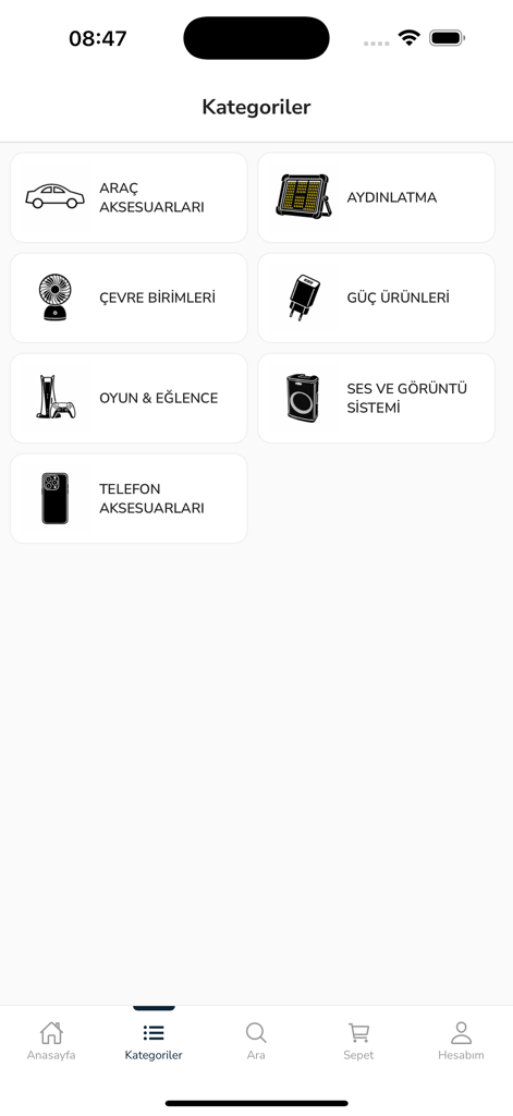 Hepu - Écran des catégories de l'application d'achat Hepu affichant des groupes de produits tels que des accessoires de voiture et de l'électronique.
