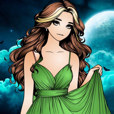 realistic girl in flowy silky prom dress