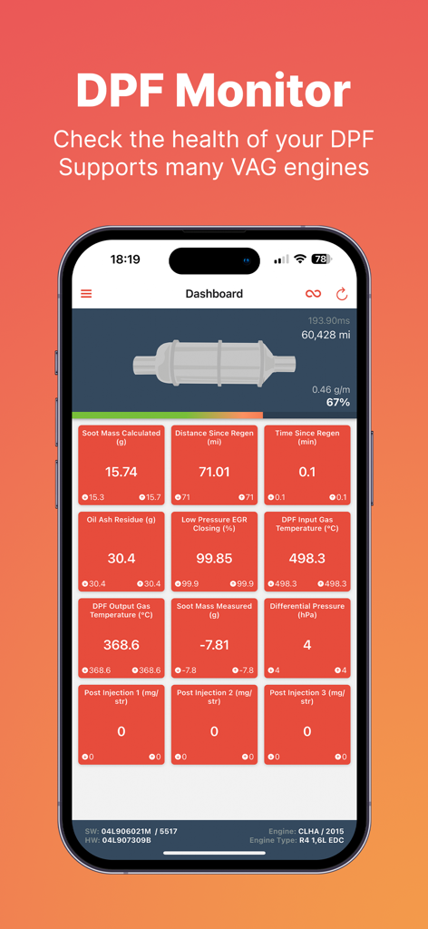 Dashboard dell'app DPF Monitor per VAG che mostra metriche sulla salute del filtro antiparticolato diesel