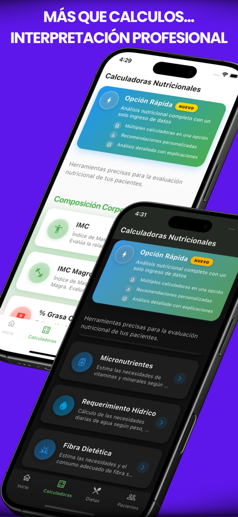NutriasApp - Interfaz de NutriasApp que muestra calculadoras nutricionales profesionales en modo claro y oscuro