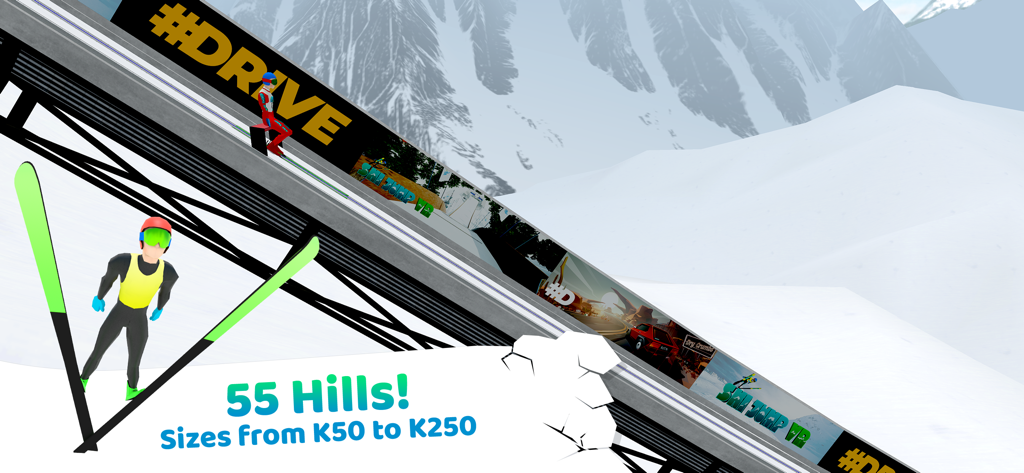 Ski Jump 18 mobile game screenshot featuring 55 different hill sizes from K50 to K250 with a ski jumper in mid air
