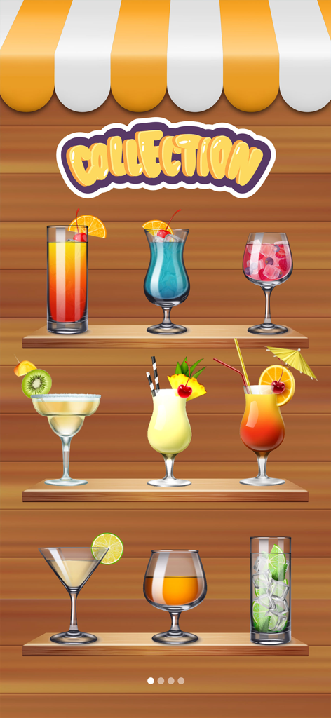 Drink & Make Boba Bubble Tea - Una colección de coloridas bebidas y cócteles virtuales expuestos en estantes de madera con adornos de frutas