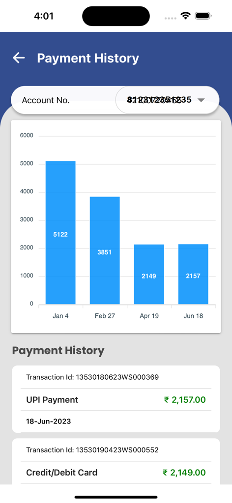 UPCL app payment history screen showing a bar chart of monthly payments and a detailed transaction list