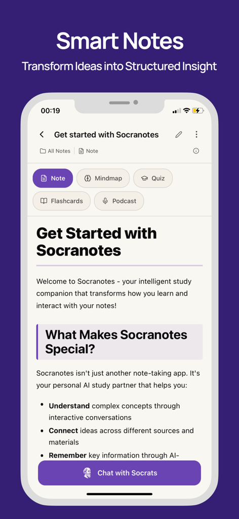 マインドマップ、クイズ、ポッドキャストの統合学習ツールを備えたスマートノートを表示するSocranotesモバイルアプリのインターフェース。