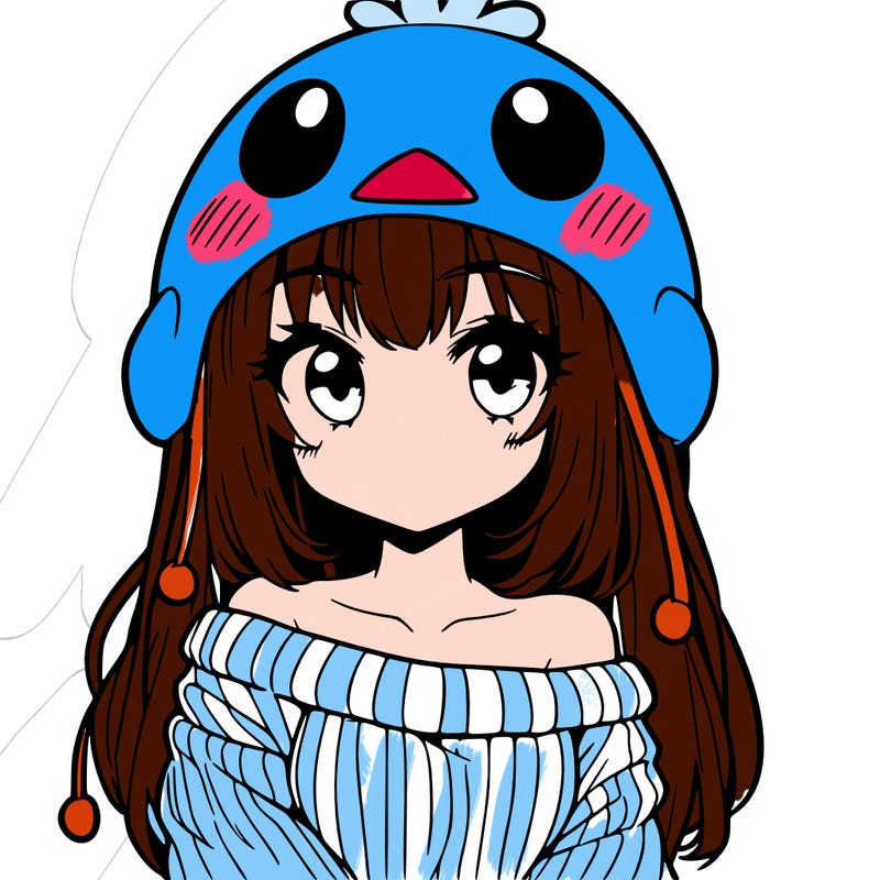 anime girl with chick shaped hat with sweater with bare shoulders with bangs covering them one eye with low tail