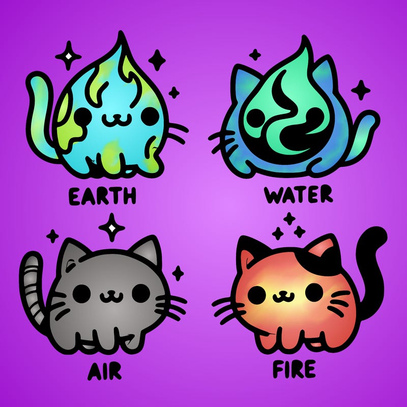 4 cats that represent the different elements, earth, water, air, and fire
