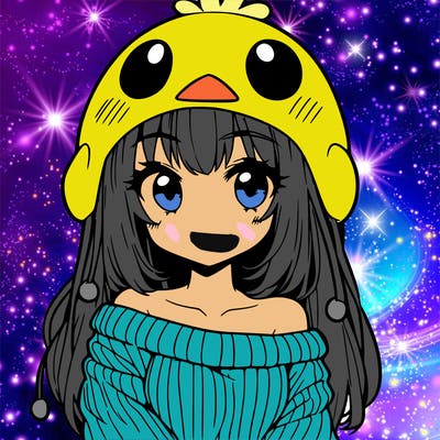anime girl with chick shaped hat with sweater with bare shoulders with bangs covering them one eye with low tail