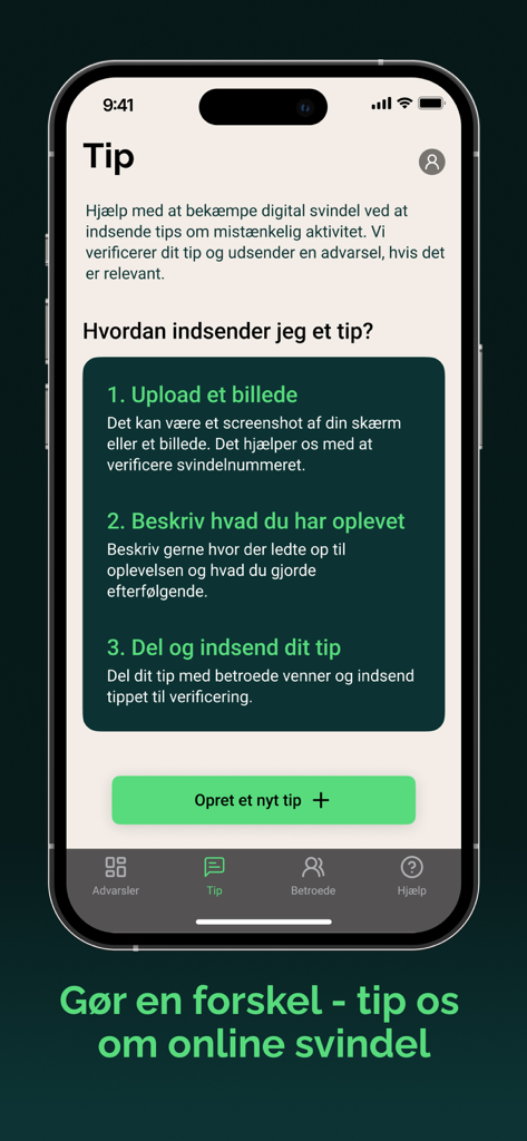 Mit digitale selvforsvar - Benutzeroberfläche der My Digital Self-Defense App mit Anweisungen zum Melden eines Betrugs durch Hochladen eines Bildes und Beschreibung des Vorfalls.