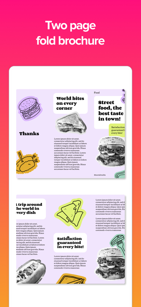 Plantilla de folleto de dos páginas plegado para un negocio de comida con hamburguesas y sándwiches