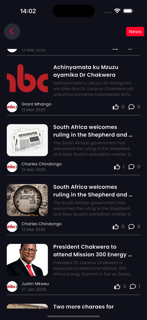 MBC Plus - Una captura de pantalla del feed de noticias de la aplicación móvil MBC Plus con titulares sobre Malawi y el sur de África.