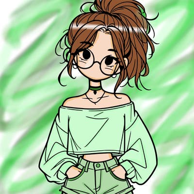 girl with a messy ponytail glasses a baggy crop top and jean shorts