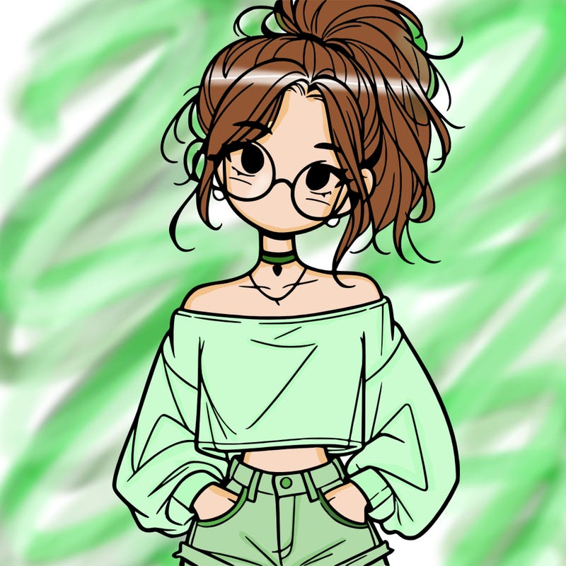 girl with a messy ponytail glasses a baggy crop top and jean shorts