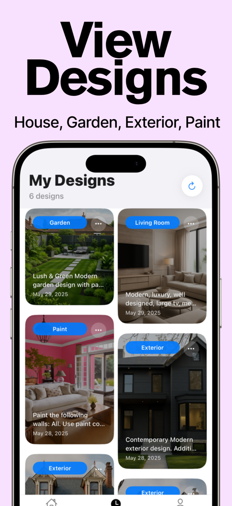 A gallery of saved AI-generated home design projects including garden, living room, and house exterior concepts.