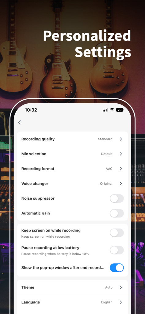 Voice Recorder + Voice Memos - Interfaz de la aplicación Grabadora de Voz mostrando varias configuraciones de grabación como calidad, formato y supresión de ruido.