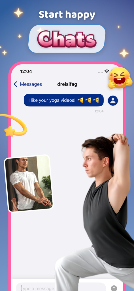 Sovo - - A chat screen within the Sovo app showing users connecting and sharing feedback on yoga videos