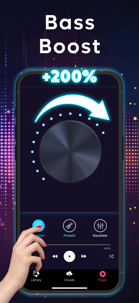 Bass Booster app interface showing a volume knob set to two hundred percent bass boost