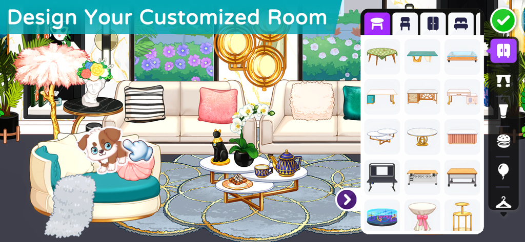 Interfaz para diseñar una habitación personalizada con muebles en la aplicación YoYa Time