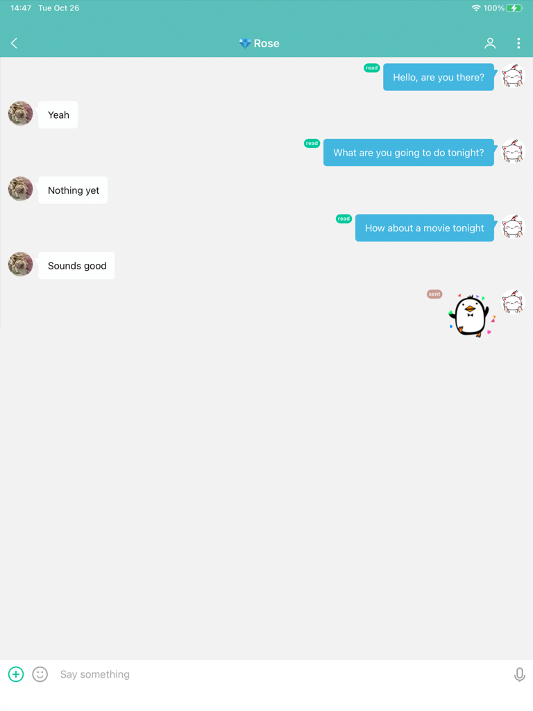 SayHi Chat Messenger HD - Chat interface in SayHi Chat Messenger HD showing a text conversation and a penguin sticker