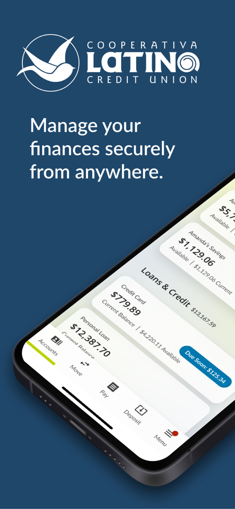 Latino Community Credit Union - Latino Community Credit Union mobile app interface showing account balances and financial management tools on a smartphone