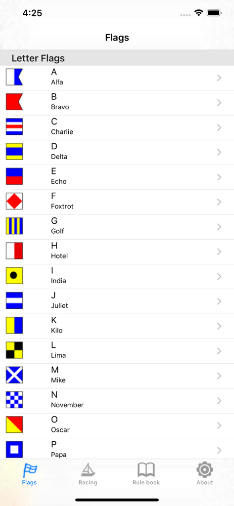 iRegatta Flags - Un elenco di bandiere di segnale marittimo internazionali con nomi fonetici nell'app iRegatta Flags