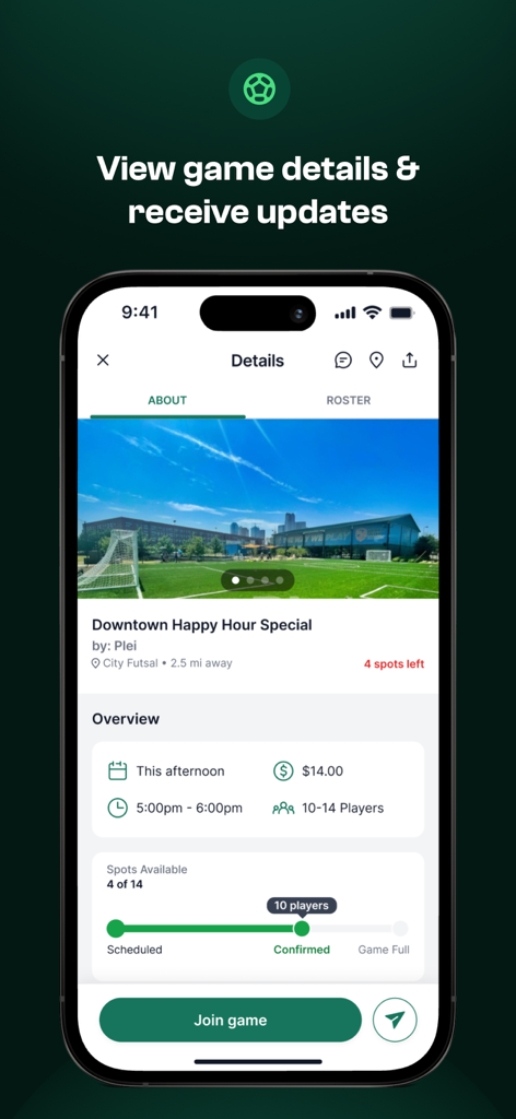 Plei | Pick Up Soccer - Una pantalla móvil que muestra detalles de un partido de fútbol improvisado titulado Downtown Happy Hour Special con hora, costo y lugares disponibles.