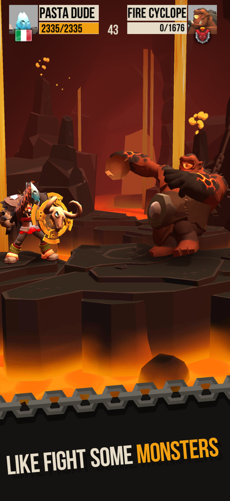 A medieval knight battling a large Fire Cyclops monster in a lava-filled volcanic dungeon.