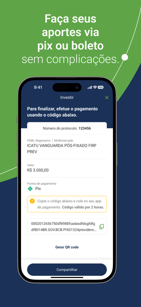 Tela do aplicativo móvel Icatu mostrando um código de pagamento Pix para contribuição de investimento em fundo de previdência