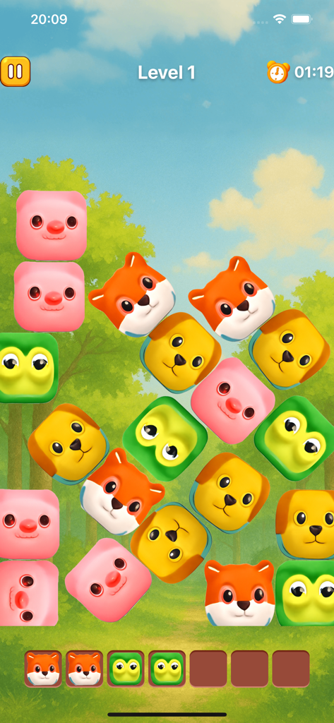 Offline Games for Watch! - Gameplay screenshot of a colorful animal match puzzle game featuring cute fox and dog icons on a forest background.