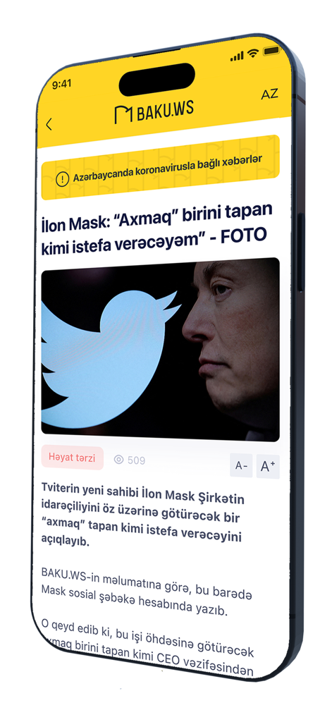 Baku.Ws Xəbər Agentliyi - Baku.Ws news app screenshot displaying an article about Elon Musk and Twitter in the Azerbaijani language.