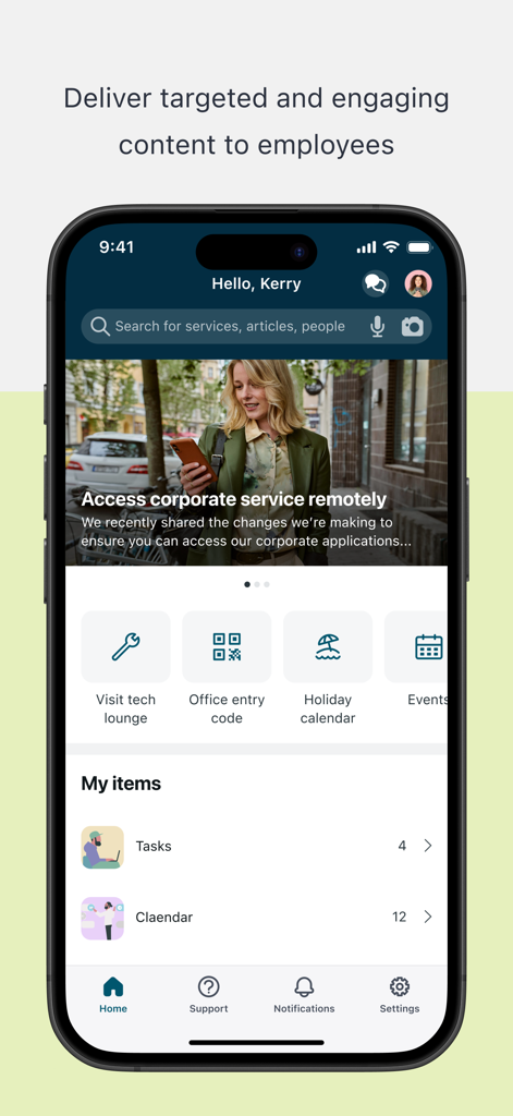 Now Mobile app dashboard showing corporate services like tech lounge access and office entry codes for employees.