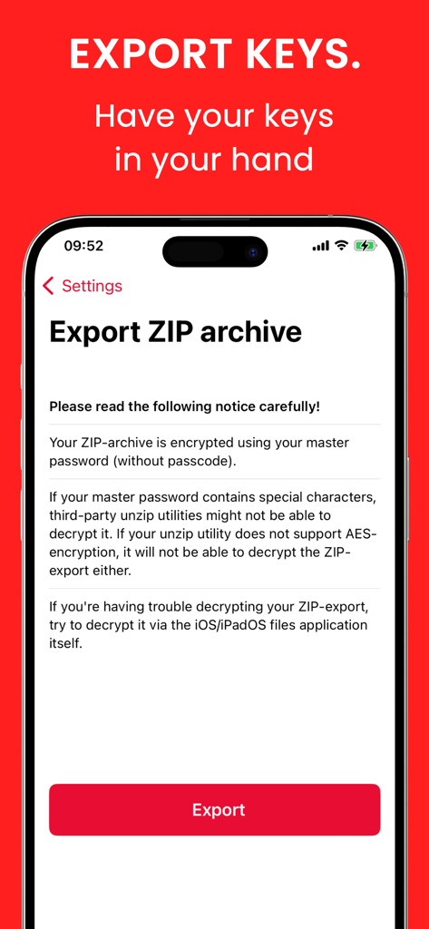 Raivo - 2FA Authenticator app - Raivo 2FA Authenticator app screen for exporting keys to an encrypted ZIP archive