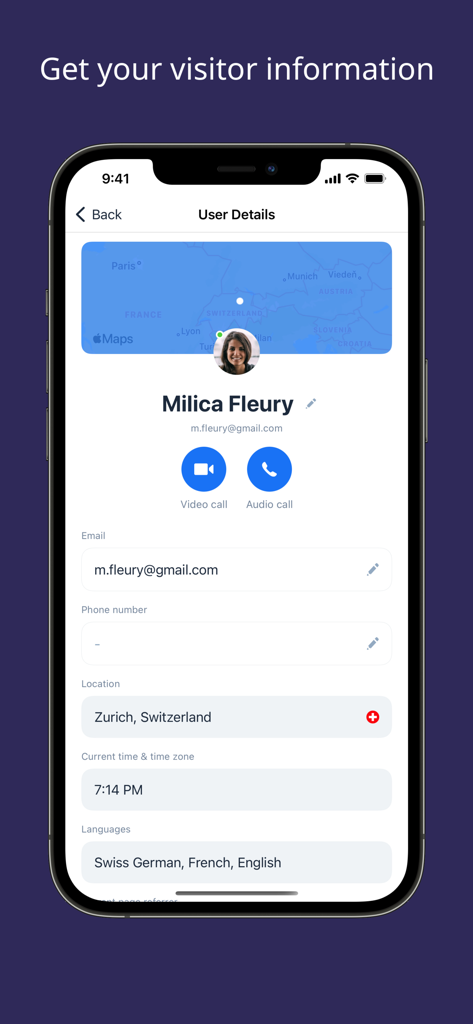 A mobile app interface displaying visitor details including location map contact information and communication buttons