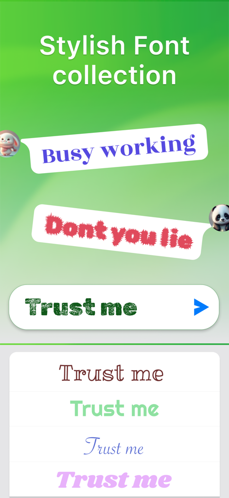 A demonstration of various stylish font options for text messages within the Bobble AI Keyboard app interface