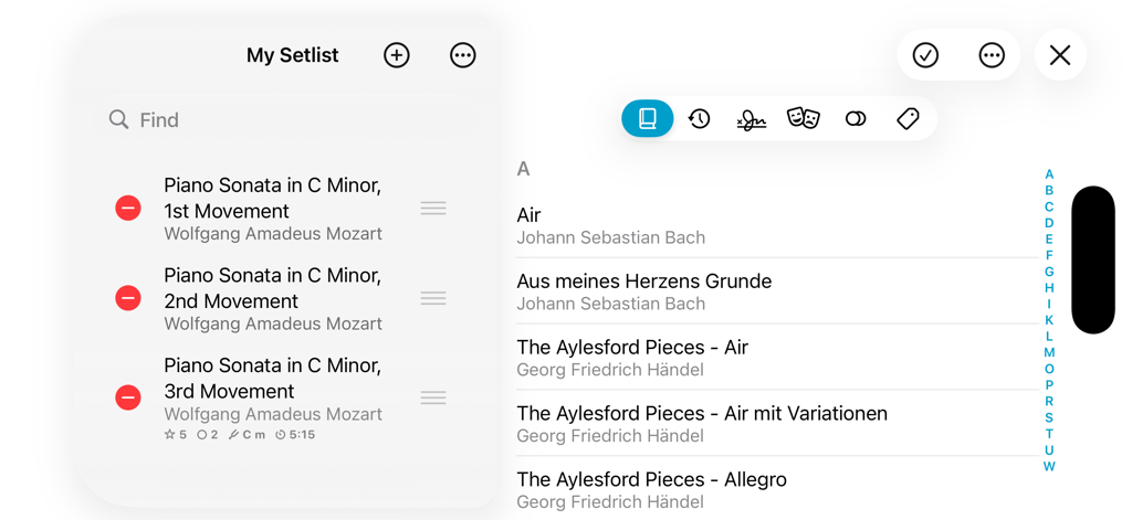 forScore - Interface of the forScore app displaying a custom setlist and a searchable digital sheet music library