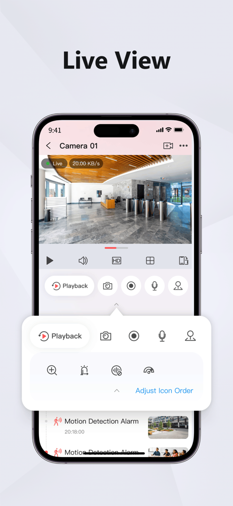 Hik-Connect 앱 인터페이스 내에 사무실 보안 카메라의 라이브 뷰를 표시하는 스마트폰
