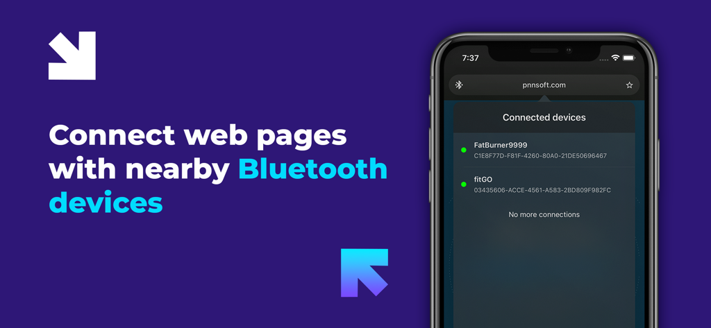 Bluefy – Web BLE Browser - Bluefy browser interface showing a list of connected Bluetooth devices from a web page