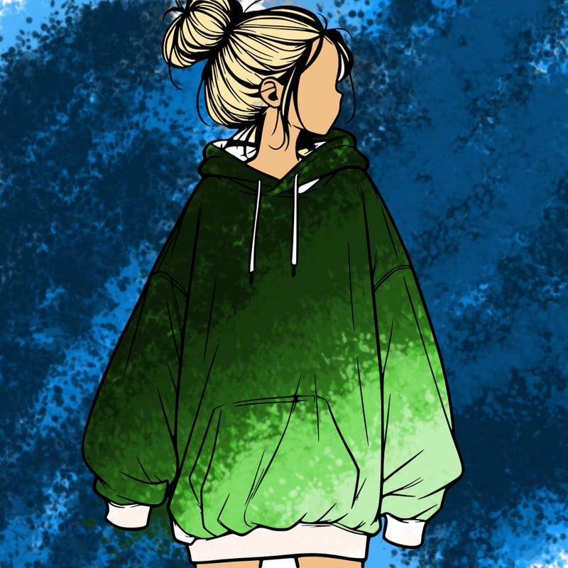 realistic girl with a oversized sweatshirt on and a bun