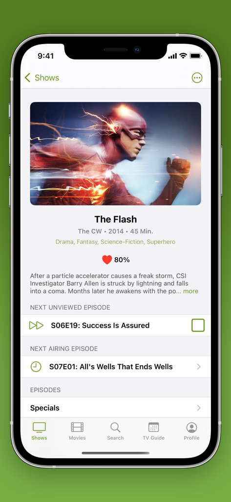 Lo schermo di The WatchApp 2 mostra i dettagli e i progressi degli episodi della serie TV The Flash.