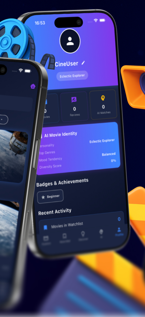 CineVerses - User profile screen in CineVerses showing AI movie identity statistics and achievement badges