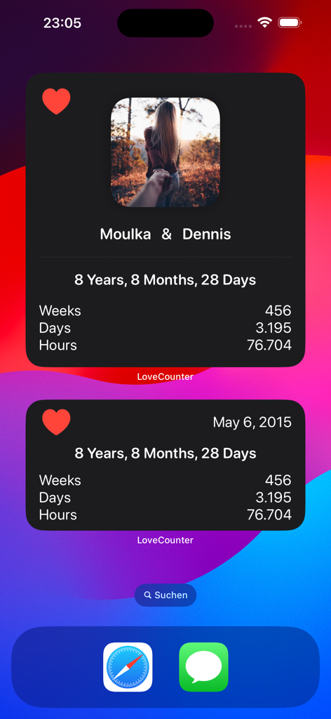 LoveCounter - My Love - LoveCounter relationship counter widgets on an iPhone home screen