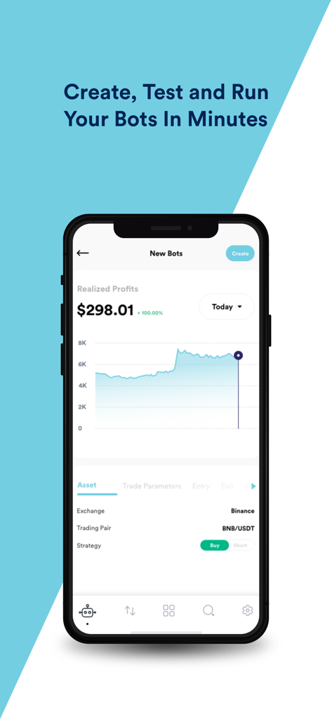CryptoHero app interface showing trading bot performance and configuration