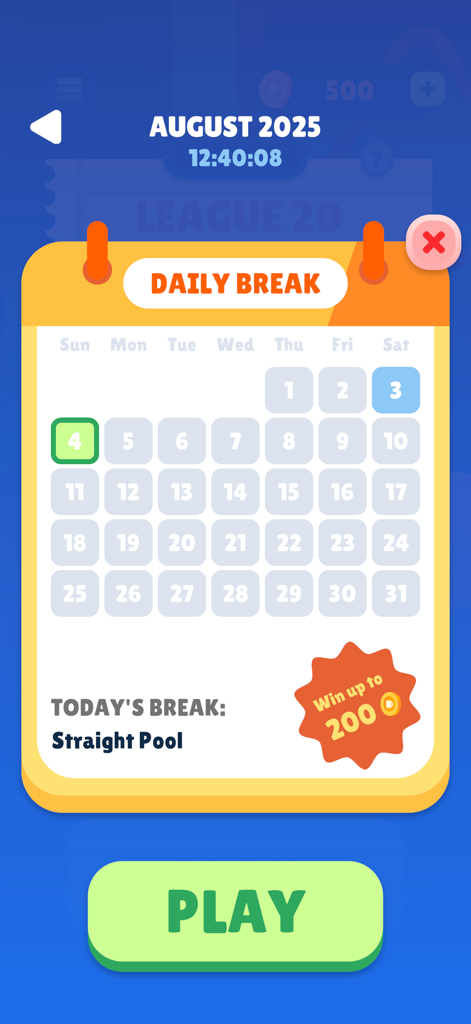 Coffee Pool - Interfaz de calendario de descanso diario para el juego móvil Coffee Pool que muestra agosto de 2025