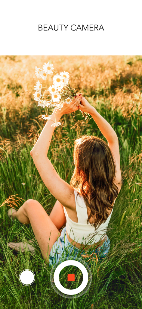 MOLDIV Photo Editor, Collage - A woman sitting in a grassy field holding daisies under warm sunlight in the MOLDIV beauty camera
