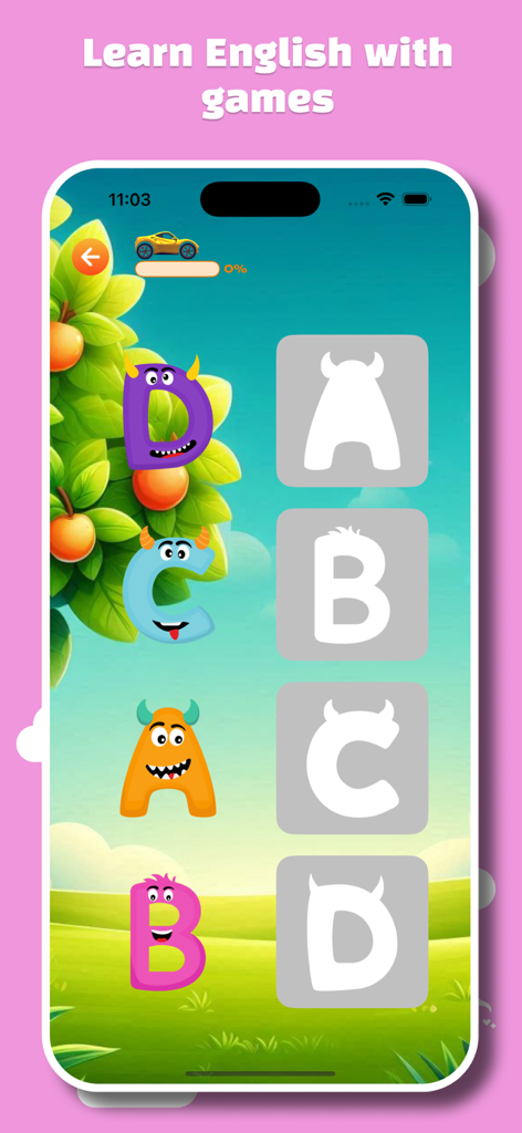 King English Kids - Educational alphabet matching game for kids featuring colorful monster themed letters and silhouettes