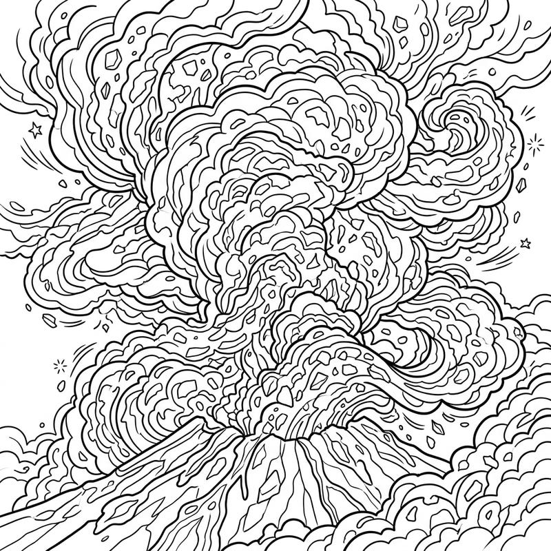 Dive into the raw power of nature with this captivating Volcanic Ash coloring page, perfect for those fascinated by Earth's dramatic forces. Its intricate linear style provides a challenging yet rewarding artistic escape for adults and teens.
