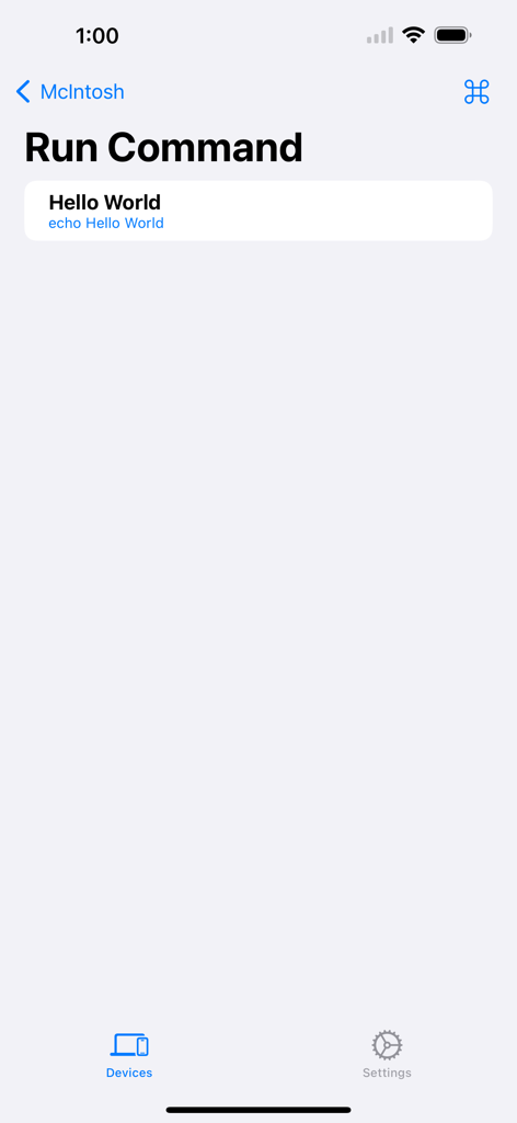 KDE Connect app interface showing the run command screen with a hello world script