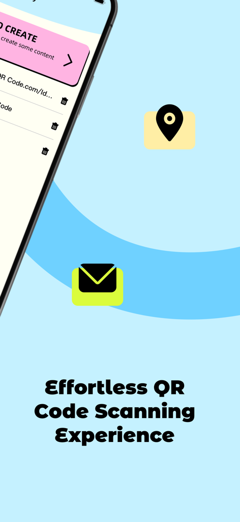Mela QR Code - Screenshot of Mela QR Code app highlighting an effortless scanning experience with options to create and scan codes